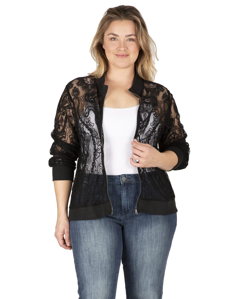 Front of a model wearing a size 1X Peek-A-Boo Lace Bomber Jacket in Black by Standards & Practices. | dia_product_style_image_id:280848